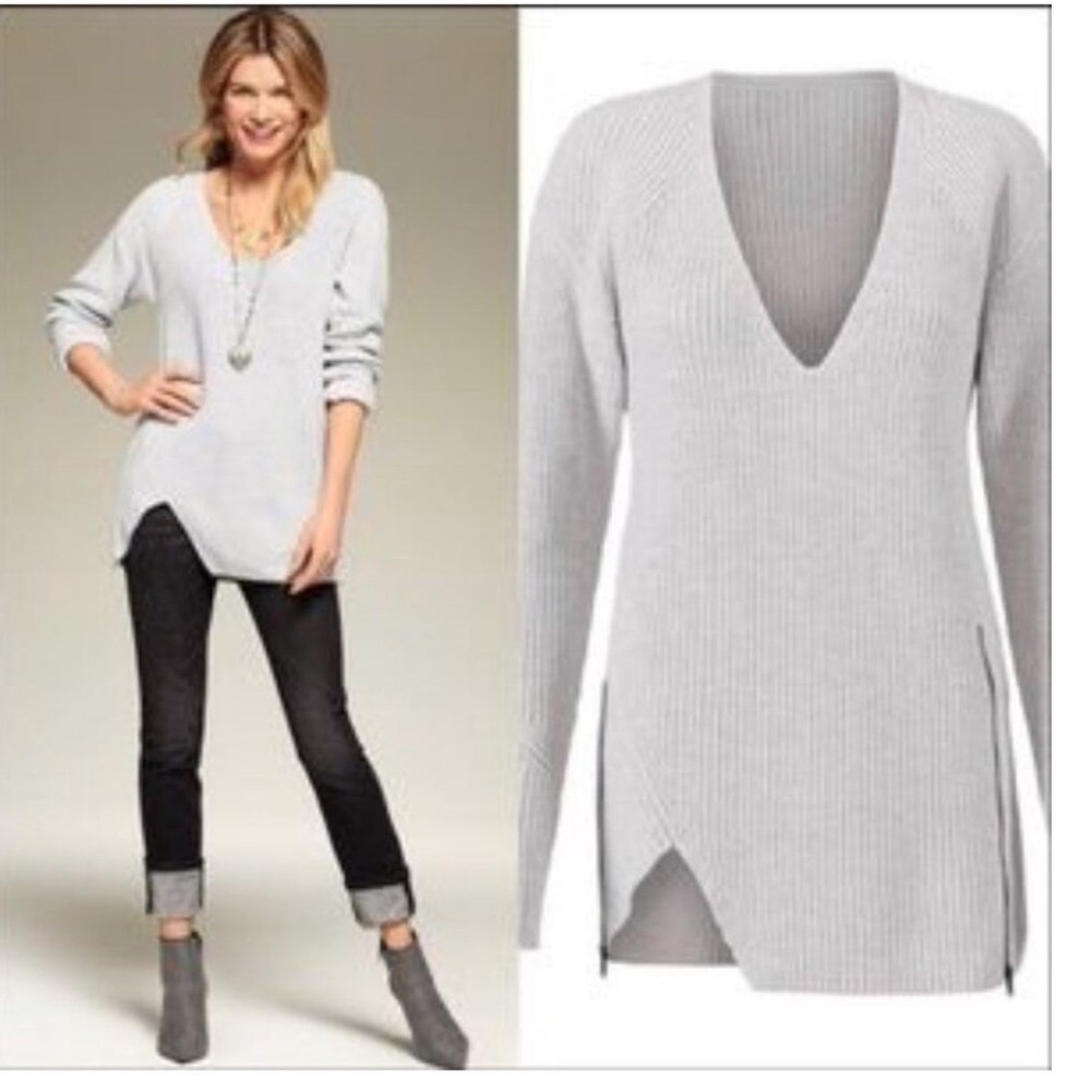 Cabi Gray V-Neck Ribbed Sweater Asymmetrical Zip Hem Tunic 3531 Womens XS